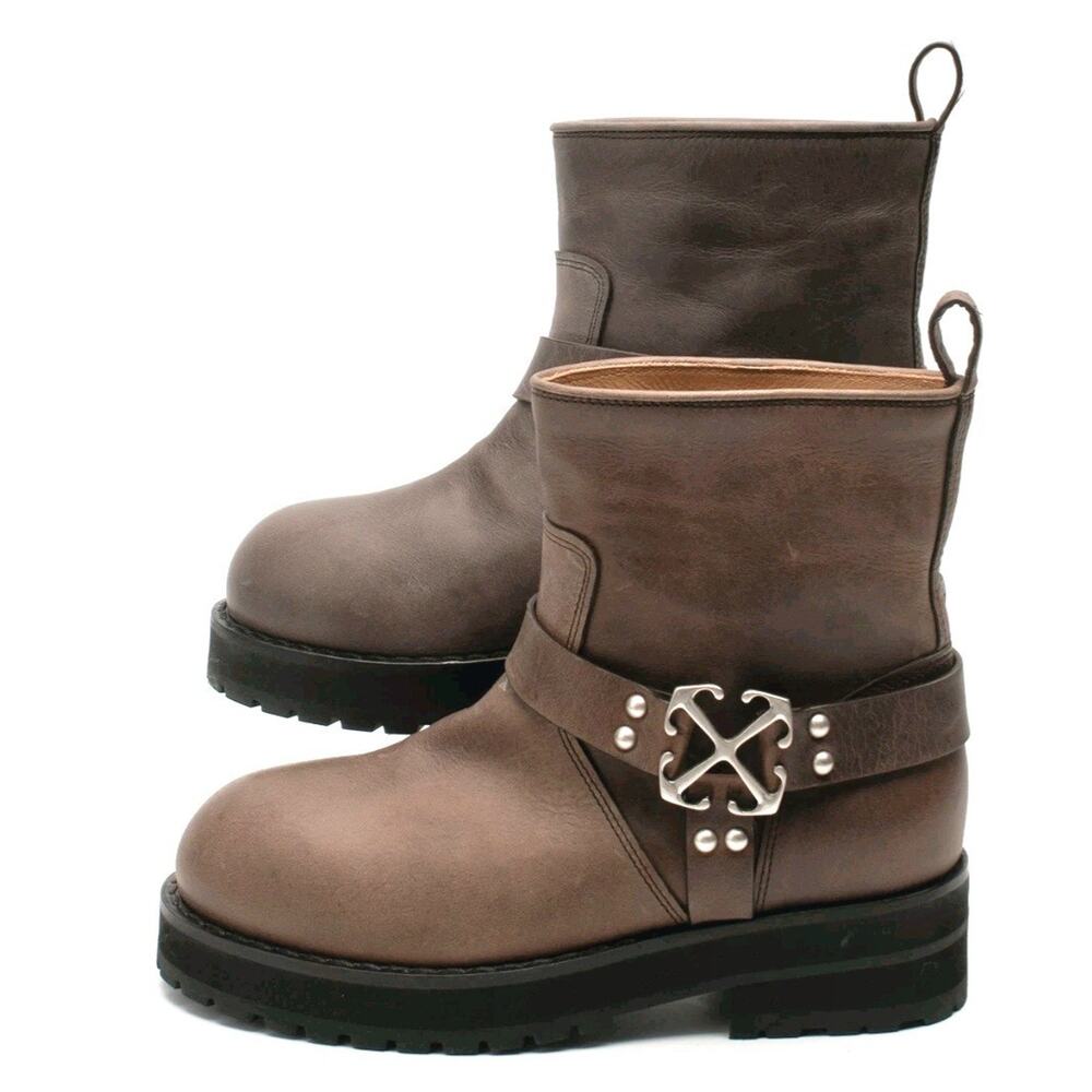 OFF-WHITE Leather Ankle Biker Boots US7 UK4 EU37 Burnished.